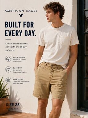 American Age Men’s Tan Flat Front Cotton Shorts size 28